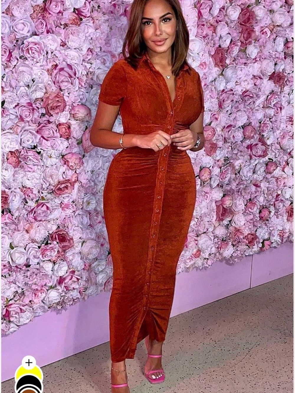 Fashion Nova Rust Velvet Button-Front Midi Dress